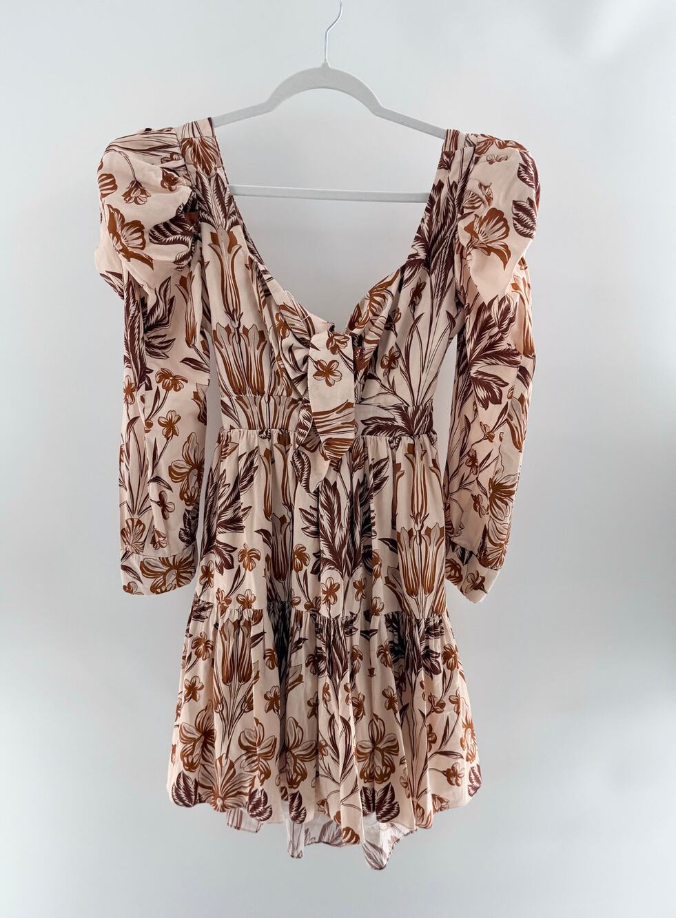 Eugenia Fernandez Floral Print Puff Sleeve Tiered Mini Dress Pink Beige Womens S